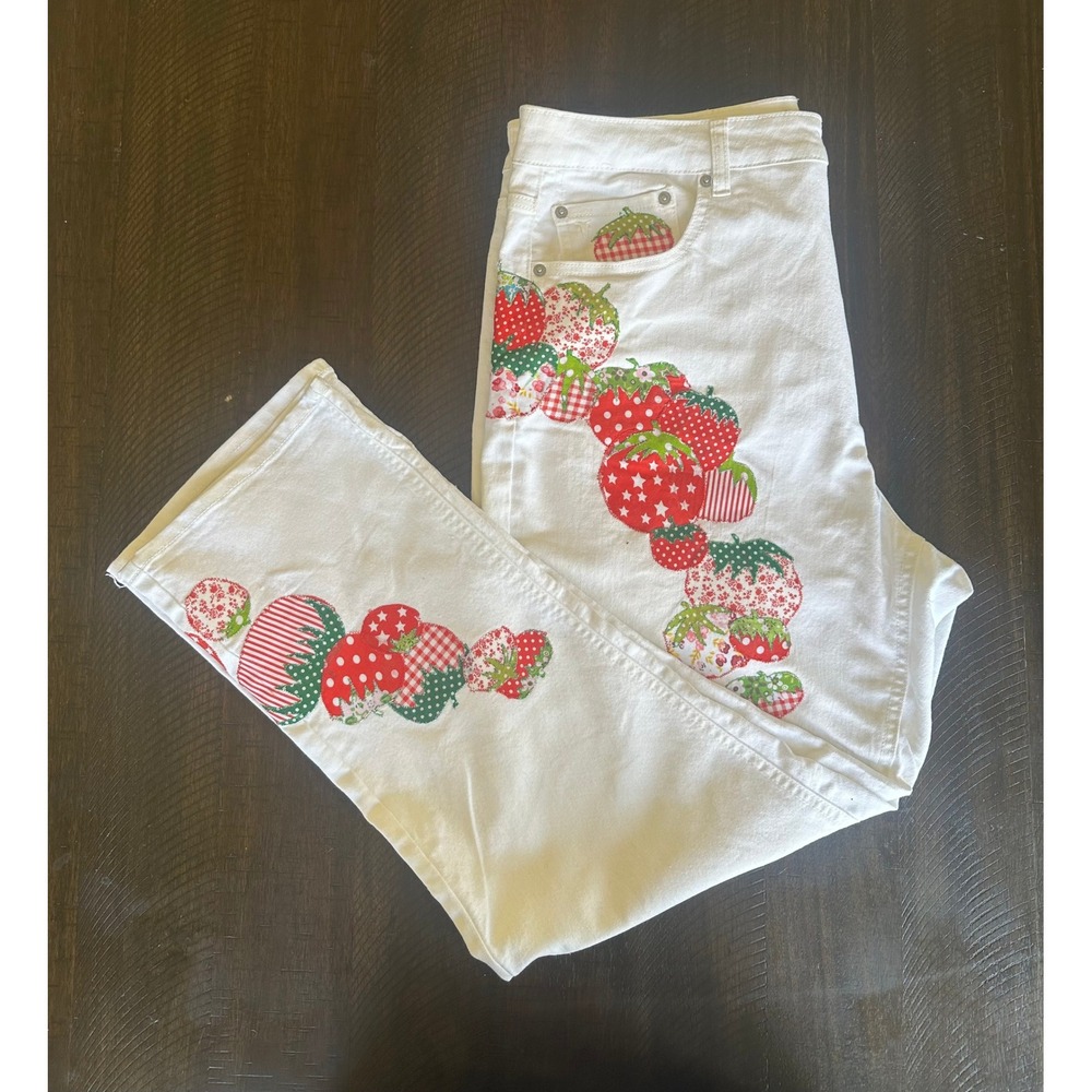 Frye Upcycled Artisan Strawberry Patchwork White Denim Jeans Cottagecore